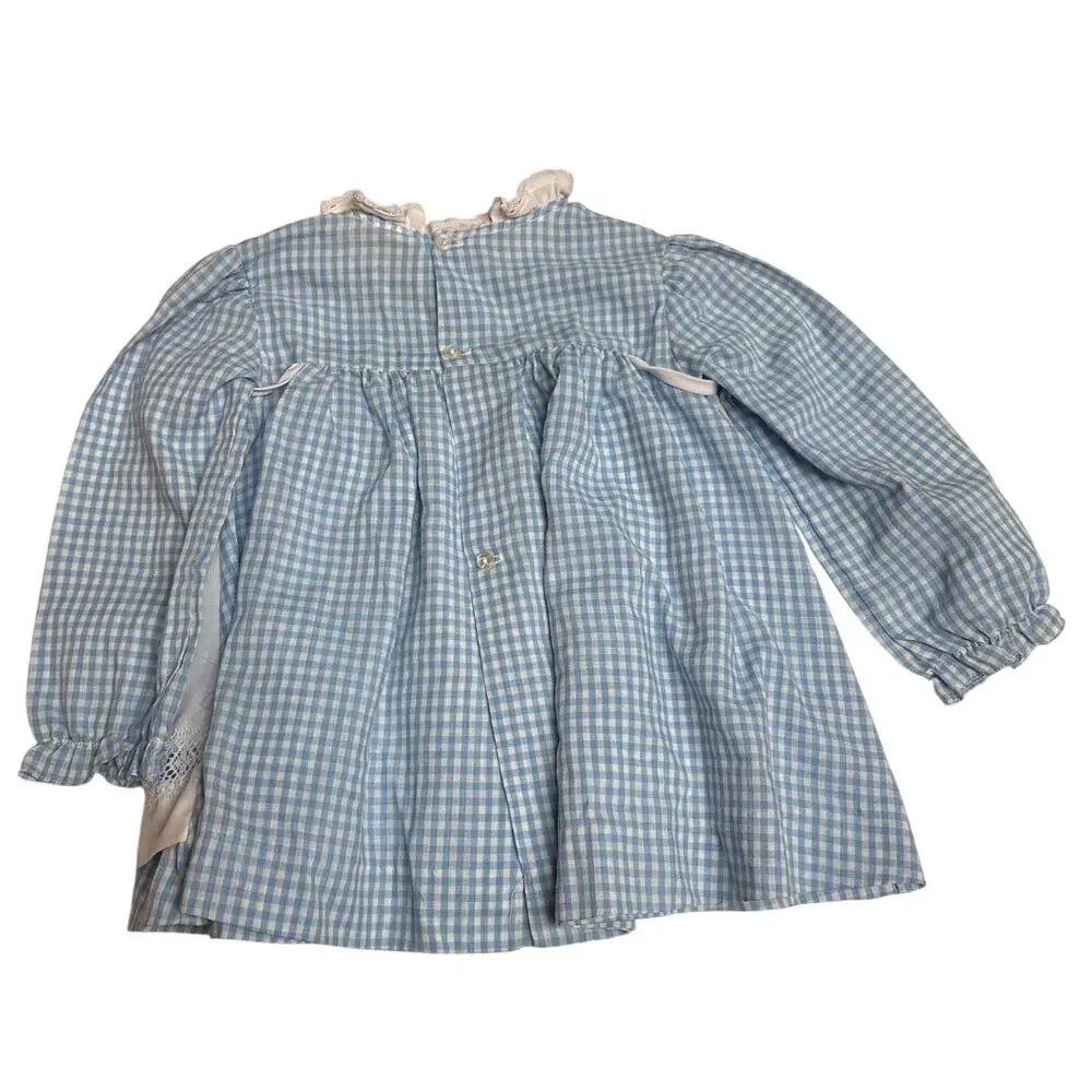 Vintage 80s Baby Girl Cottagecore Apron Dress Blue Romper Pink Lace‎ Prairie 12M